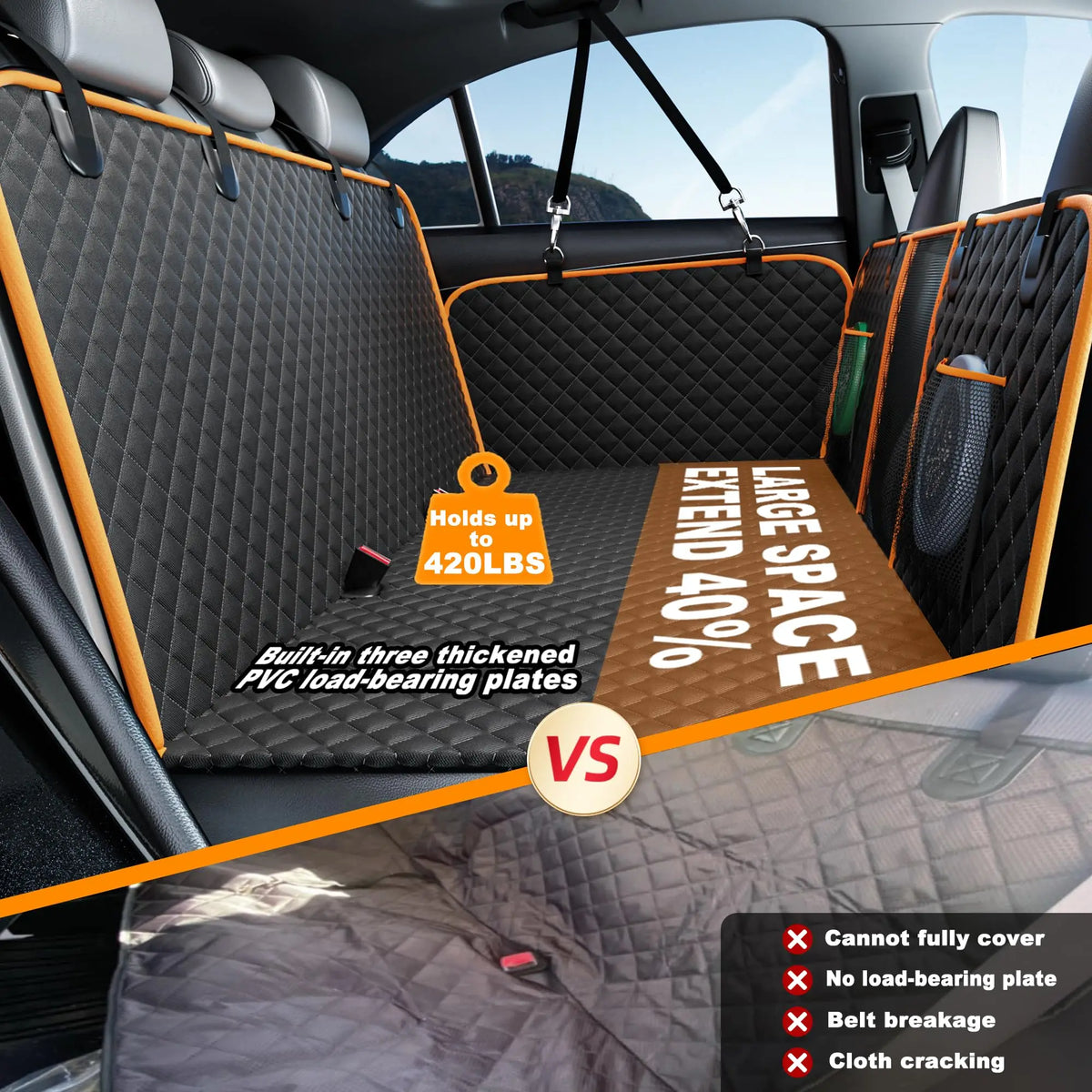 Heavy-Duty Dog Seat Extender with built-in load-bearing plates compared to a standard seat cover that sags into the footwell