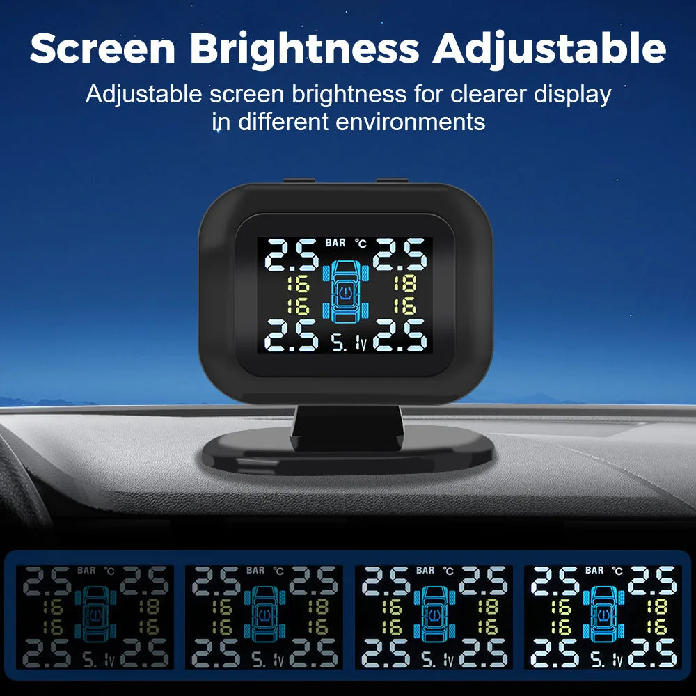 Compact USB Tyre Monitor on a car dashboard at night with four adjustable screen brightness levels