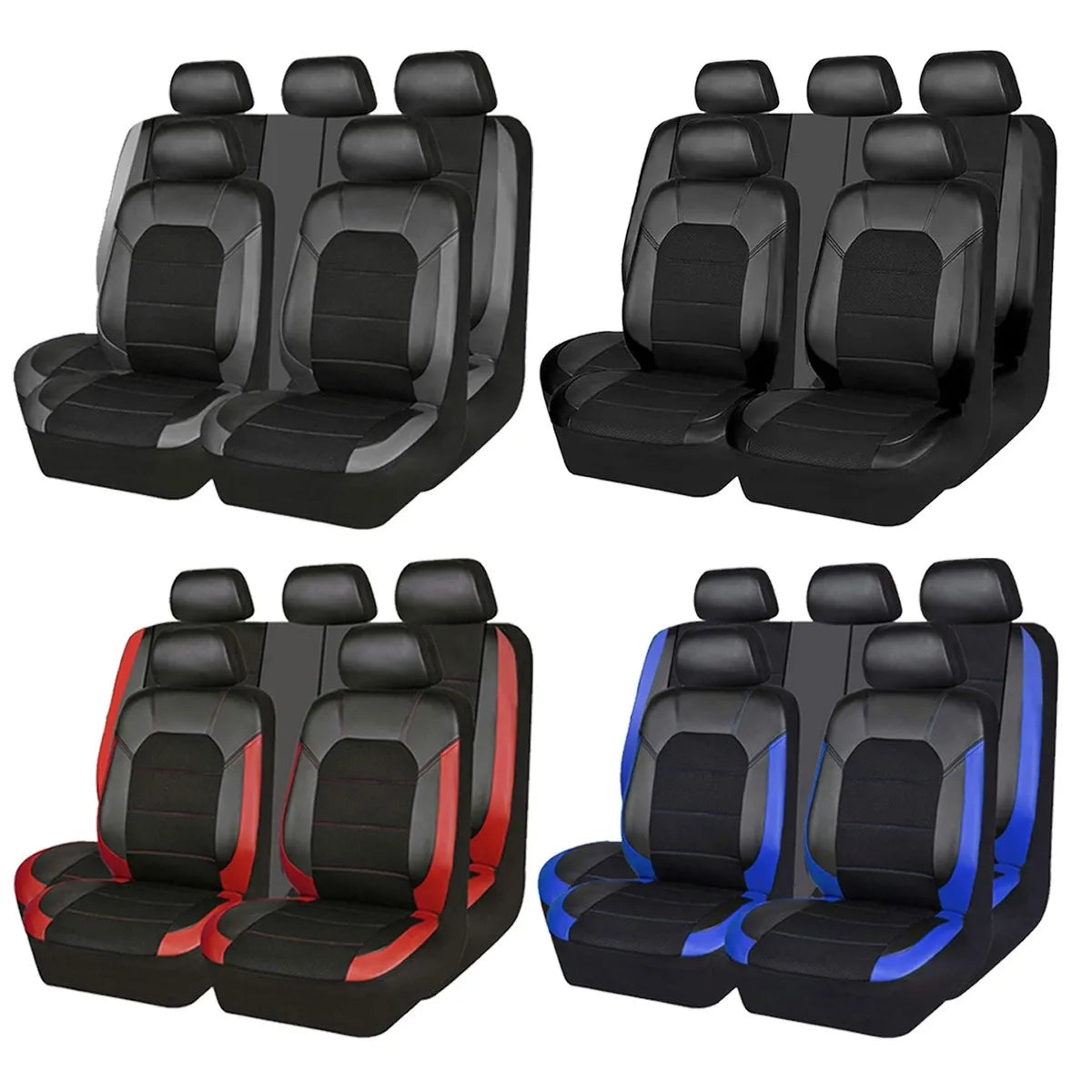9-piece full car seat cover set shown in black, grey, red and blue colour options