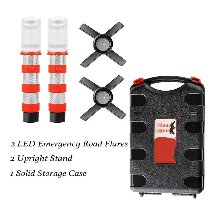Magnetic LED Warning Beacon kit contents: two flares, two upright stands and one storage case