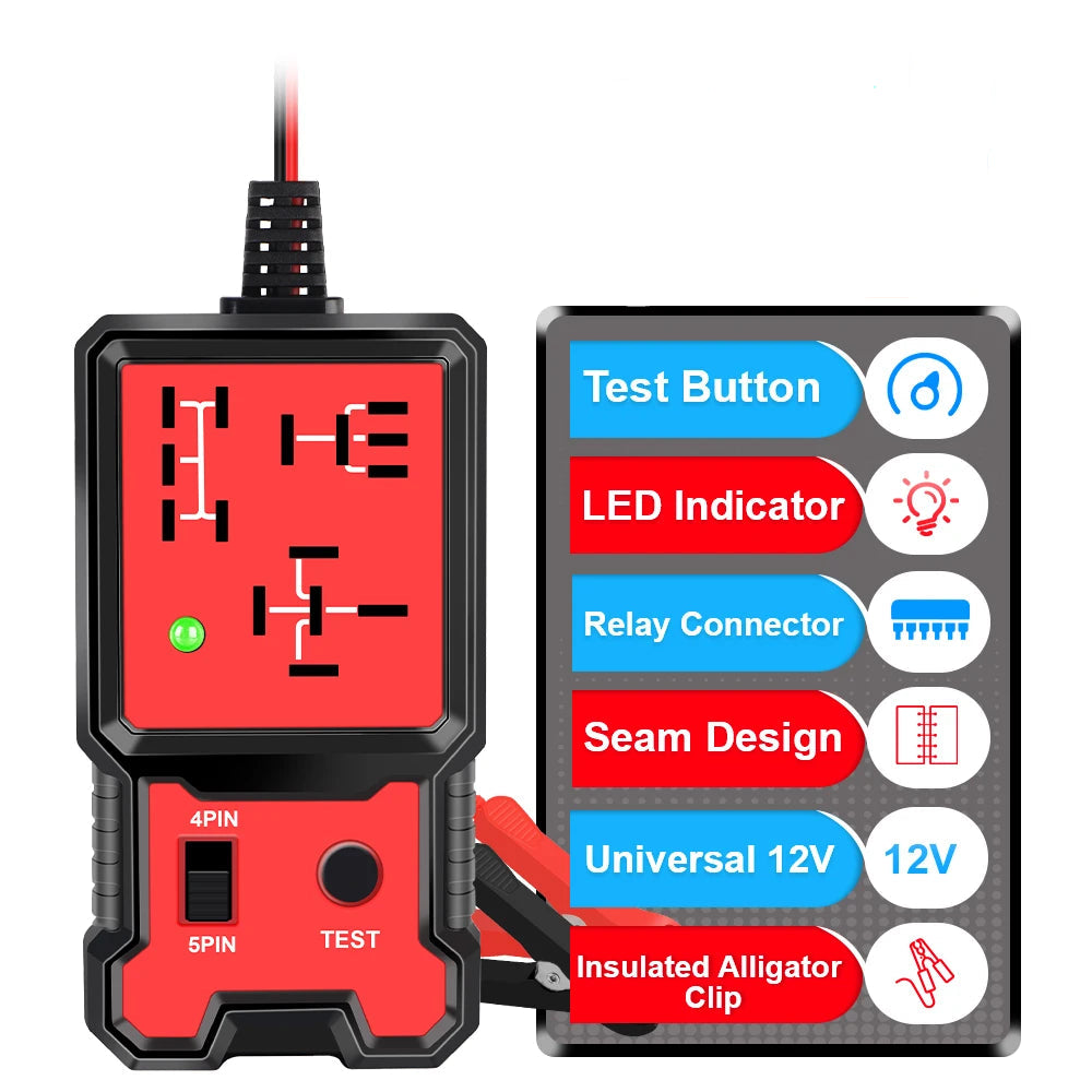 Automotive Relay Tester alligator clips being connected to a car battery, black clip to negative and red clip to positive terminal