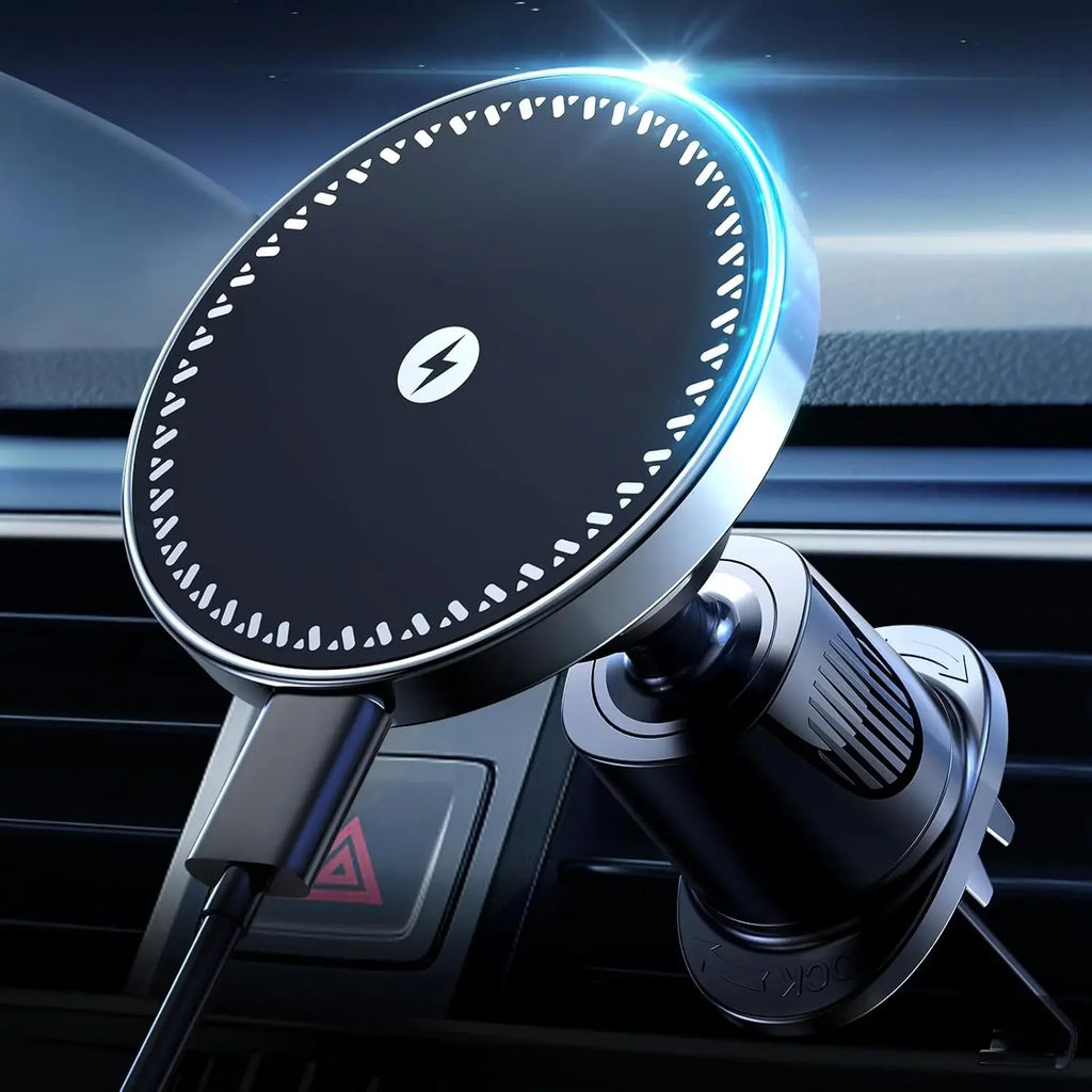 Hand charging smartphone with Magnetic Wireless Car Charger mounted on dashboard air vent