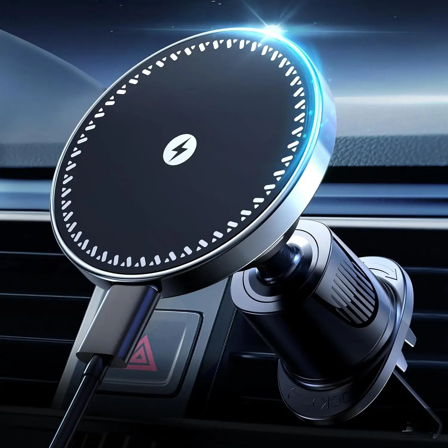 Hand charging smartphone with Magnetic Wireless Car Charger mounted on dashboard air vent