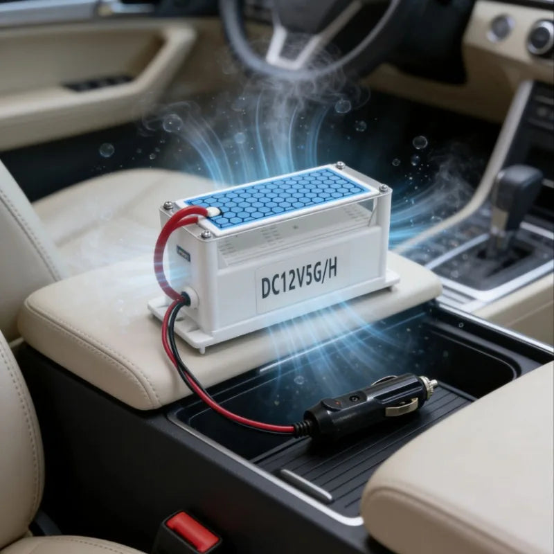 Compact 12V Ozone Generator on car centre console armrest plugged into 12V socket to deodorise the vehicle interior
