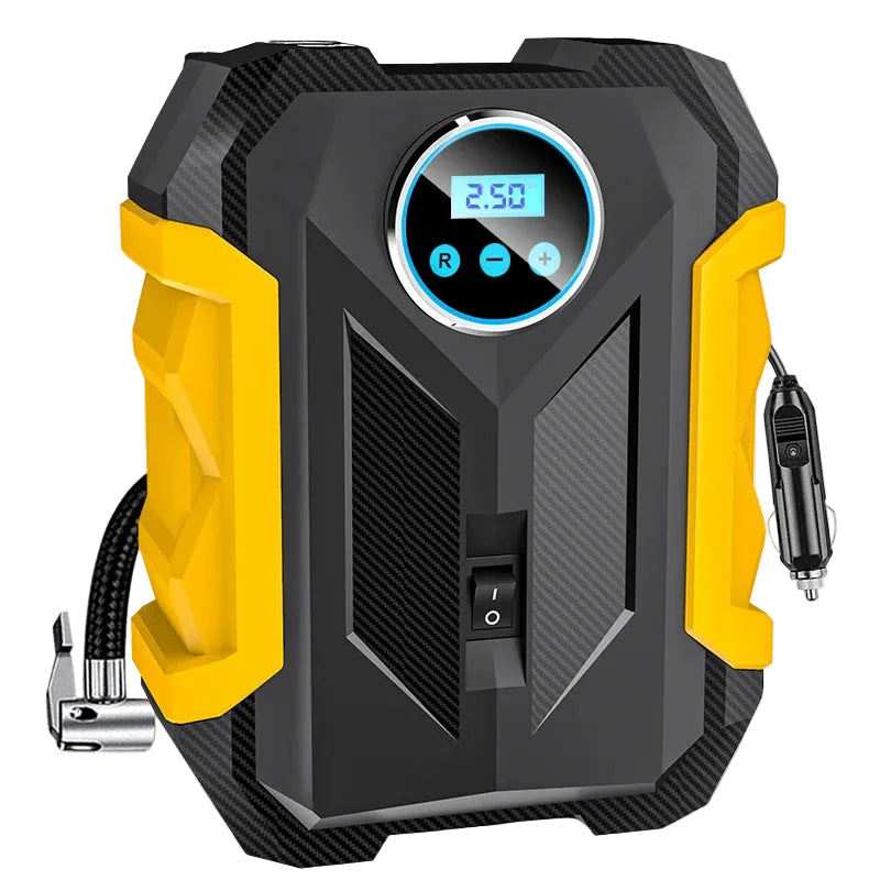12V Auto-Stop Tyre Inflator in black and yellow with digital pressure display, air hose and 12V car plug