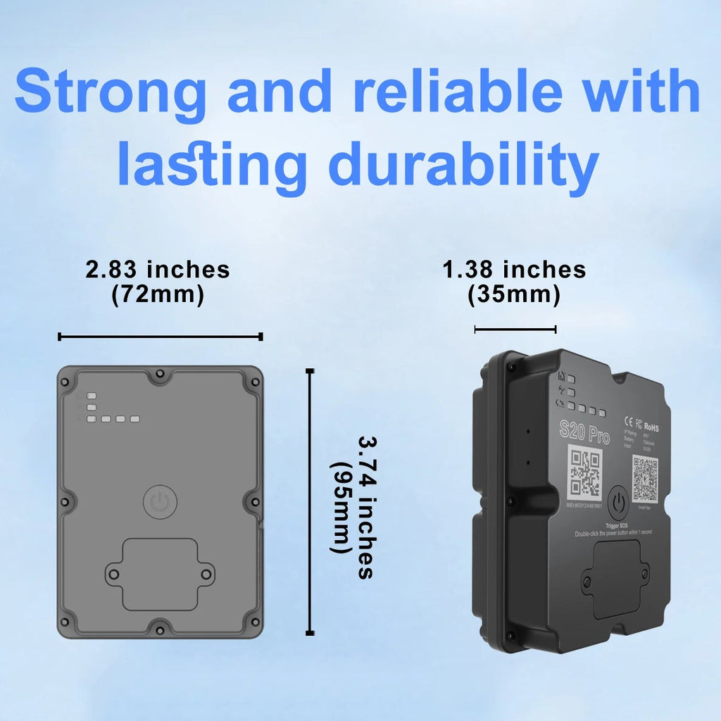 Size and weight specifications of the 4G Magnetic GPS Tracker S20 Pro showing dimensions 95 x 72 x 35mm, 300g weight and 7500mAh battery