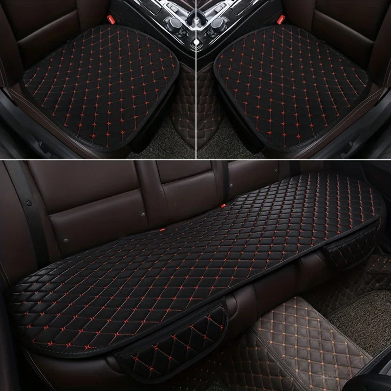 3-Piece Seat Cushion Set in black with white stitching fitted to front and rear seats of a car with tan leather interior