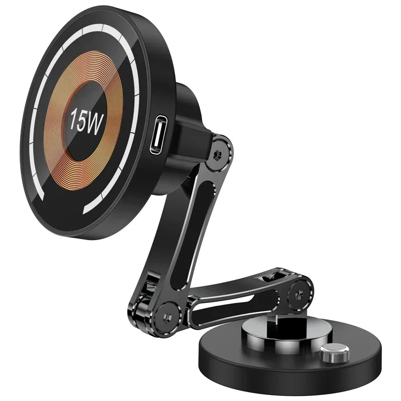 Magnetic Wireless Car Charger 15W charging pad on an adjustable folding arm with a magnetic dashboard base, on a white background
