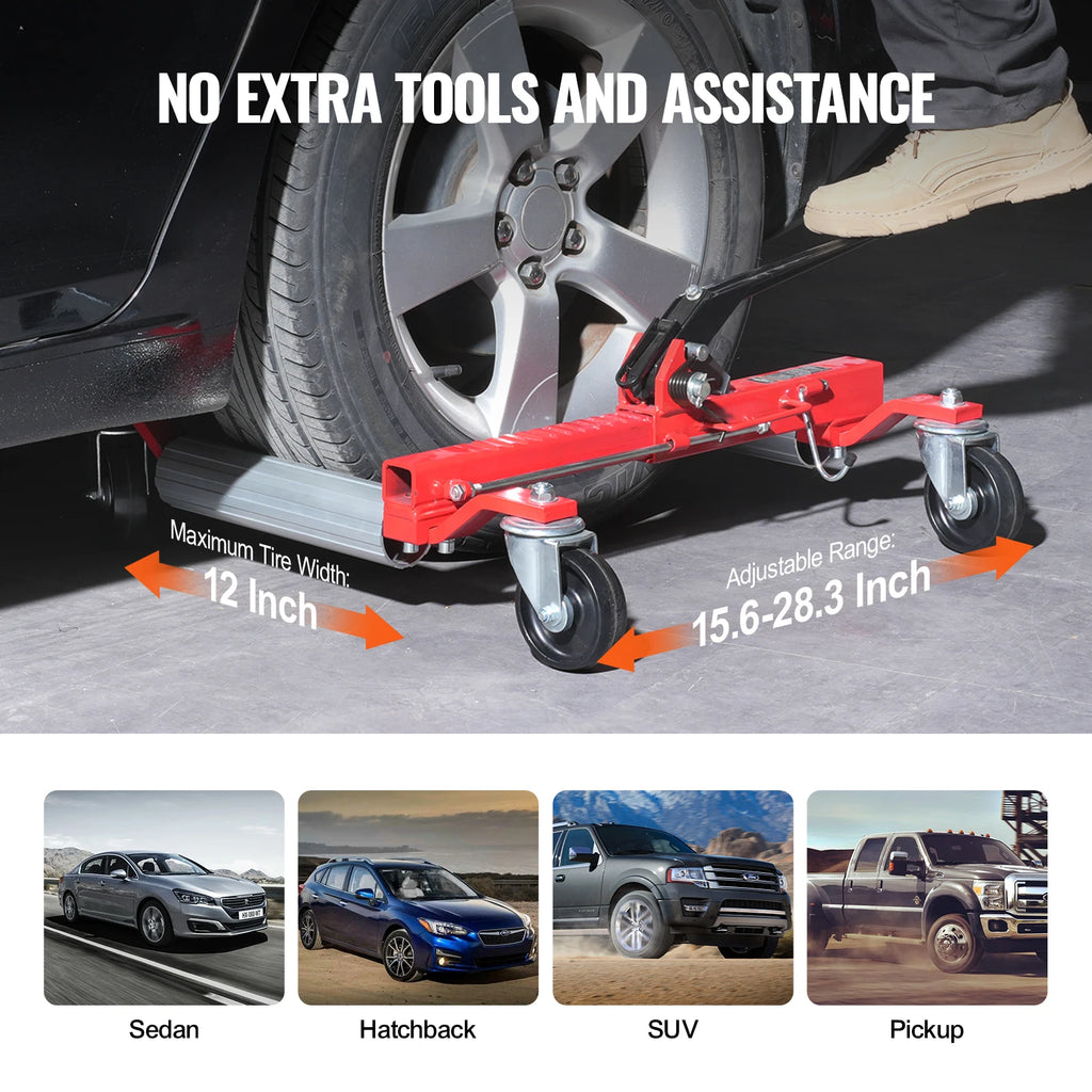 Foot pressing the Ratchet Wheel Dolly pedal to lift a car tyre, showing 12 inch max tyre width and 15.6 to 28.3 inch adjustable range for sedans, hatchbacks, SUVs and utes