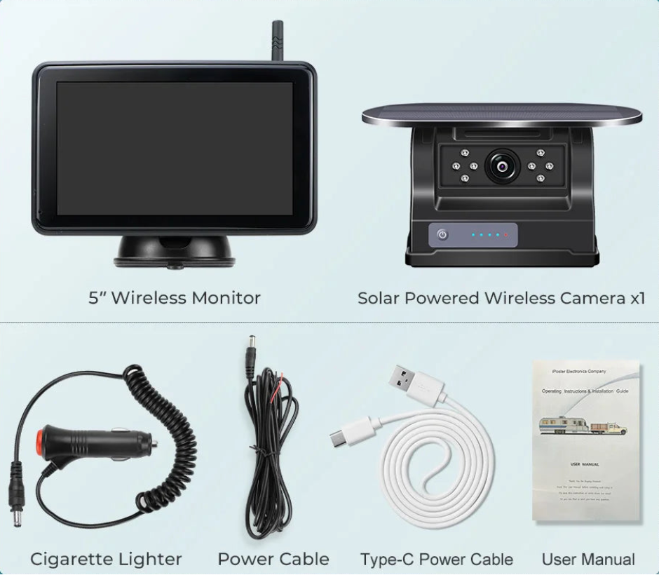Touchscreen DVR Reversing Camera single camera kit with 5-inch monitor, cables, Type-C lead and user manual