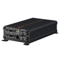 Compact Class D Amplifier, 4-channel black car audio amplifier with orange accent line