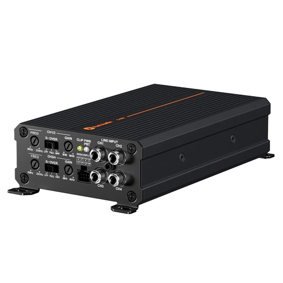 Compact Class D Amplifier, 4-channel black car audio amplifier with orange accent line