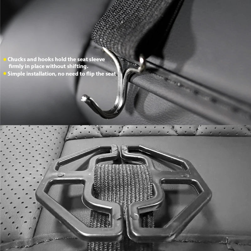 Close-up of the Front Seat Cushion Cover's underside hook and chuck fasteners used to secure it in place
