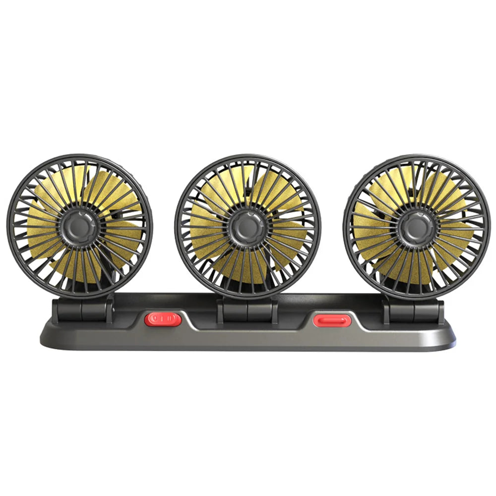 Triple-Head Dashboard Car Fan with three gold-tone fan heads on a grey base with red switches, on a white background
