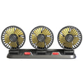 Triple-Head Dashboard Car Fan with three gold-tone fan heads on a grey base with red switches, on a white background