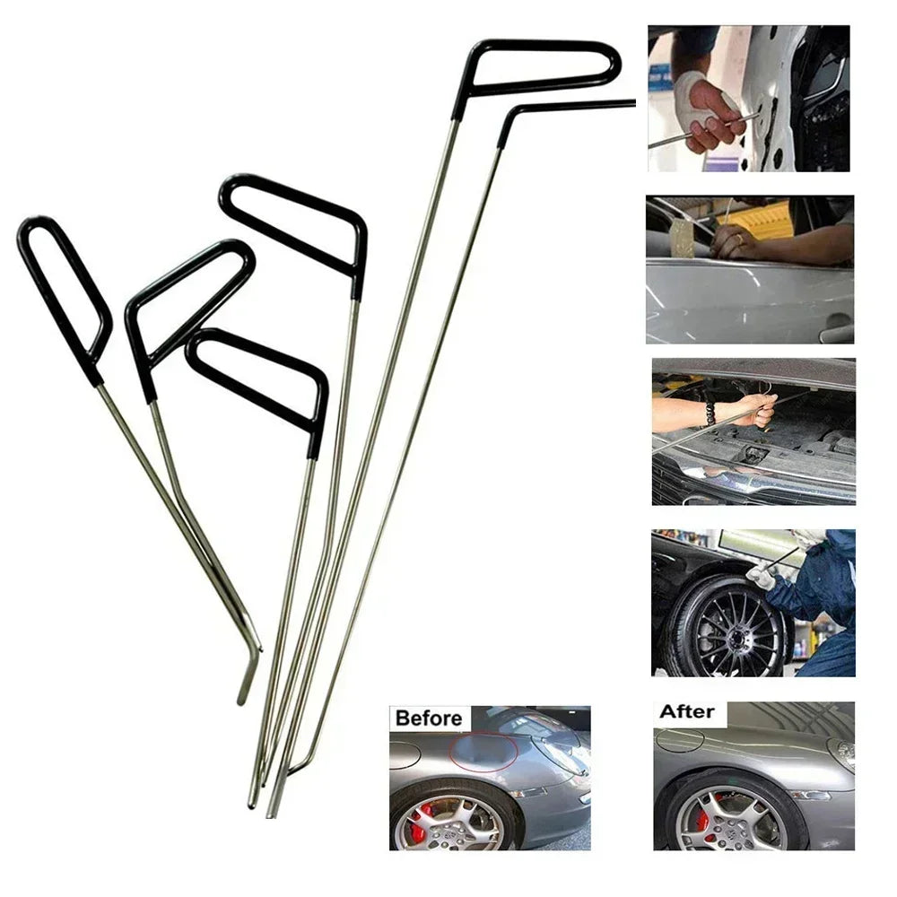 Car Dent Repair Kit hook rods with technicians repairing car body and bumper dents in a workshop