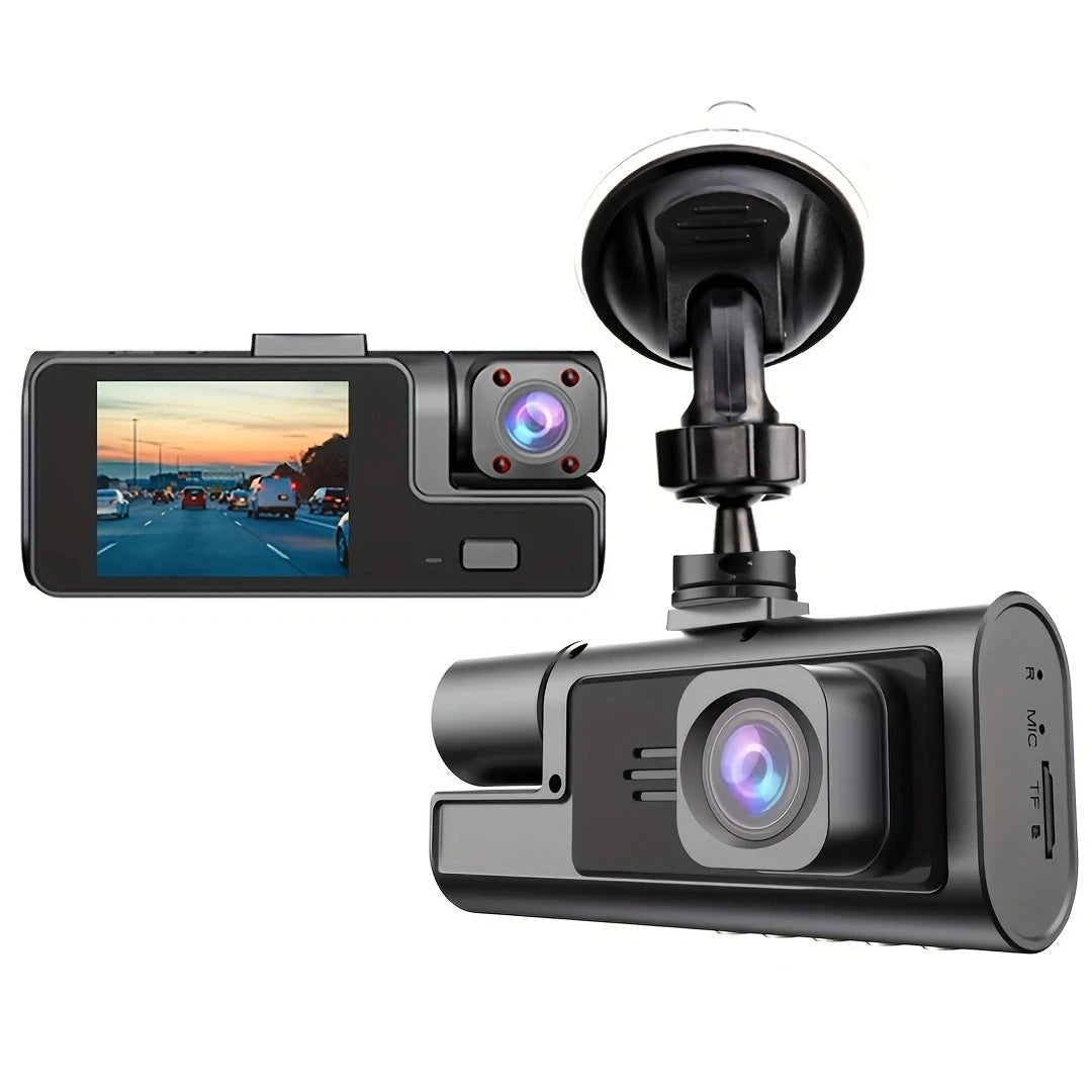 Dual-lens cabin dash cam with display screen, infrared cabin camera and suction cup mount, shown front and back