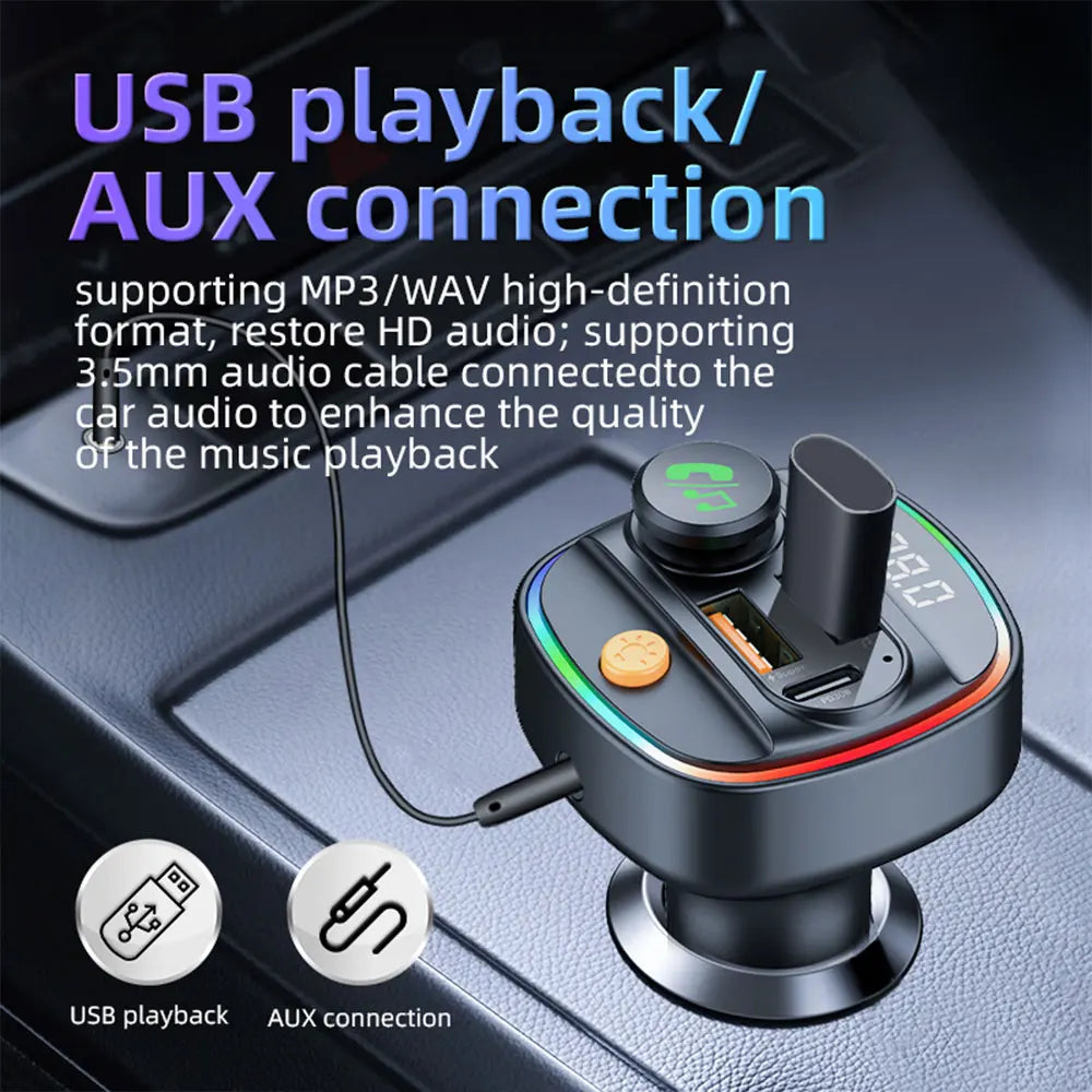 USB playback and AUX connection infographic for the Bluetooth Car FM Transmitter supporting MP3, WAV and high-definition audio formats.