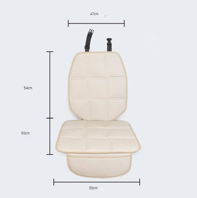 ISOFIX Child Seat Protector dimension diagram showing backrest and seat base measurements with adjustable straps