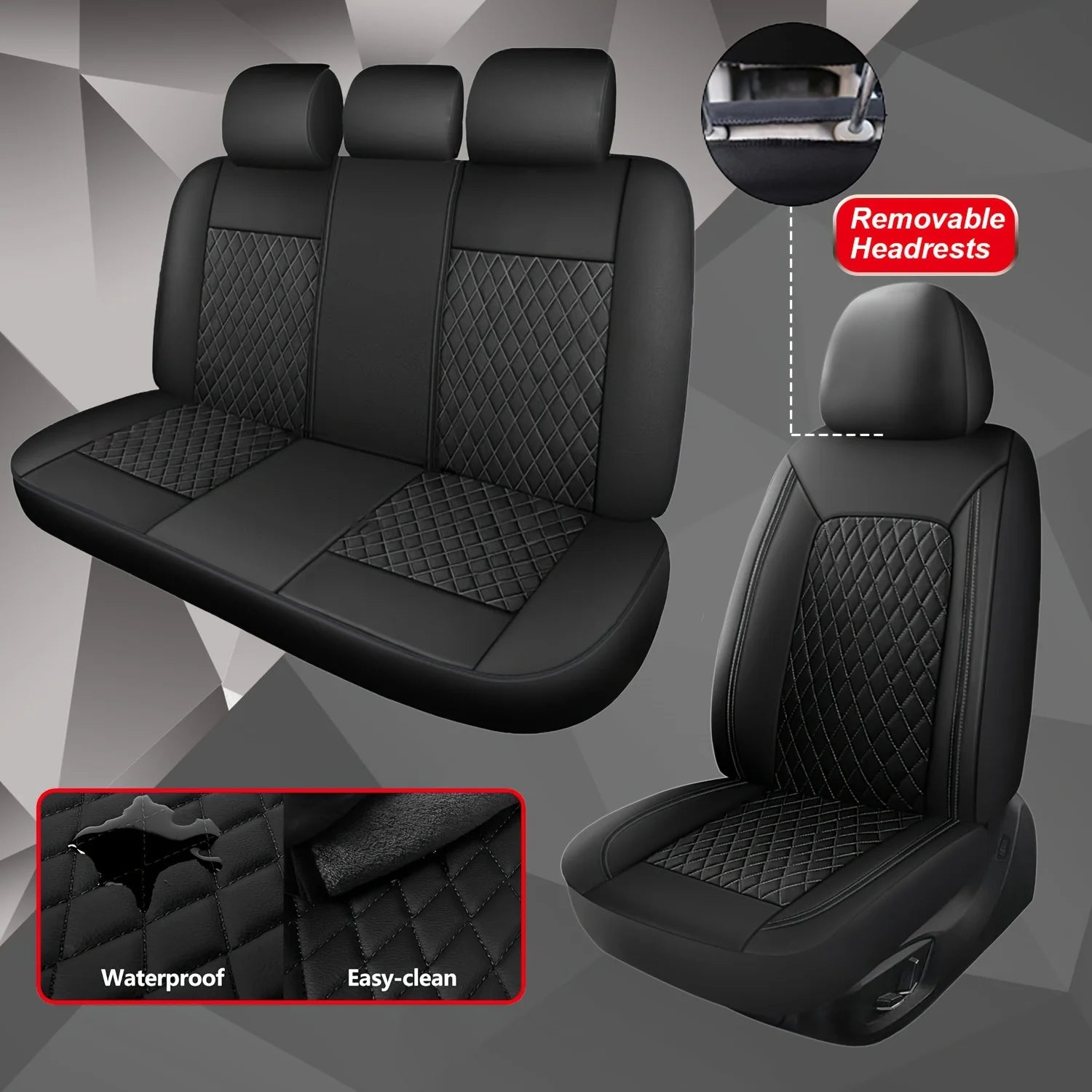 Quilted leather car seat covers with waterproof, easy-clean and removable headrest feature icons