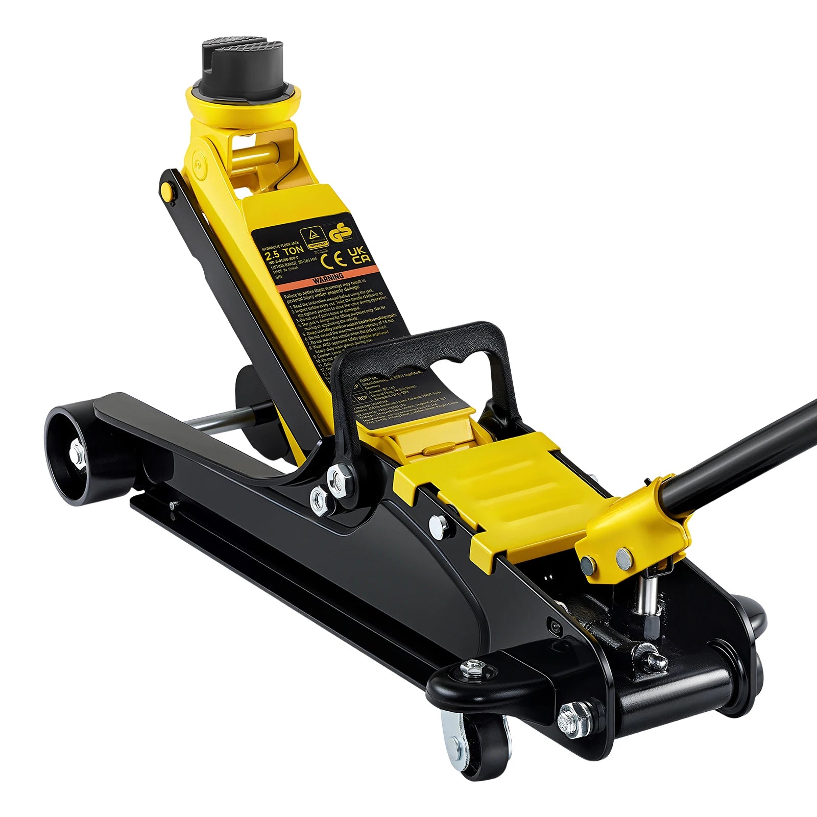 Steel Racing Floor Jack in yellow and black shown from the side on a clean white background