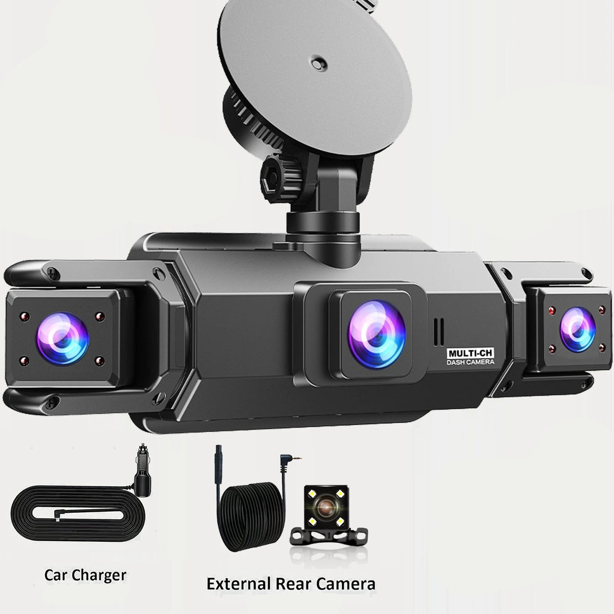 Quad-Lens Dash Cam with windscreen mount, car charger cable and external rear camera accessories laid out beside the unit