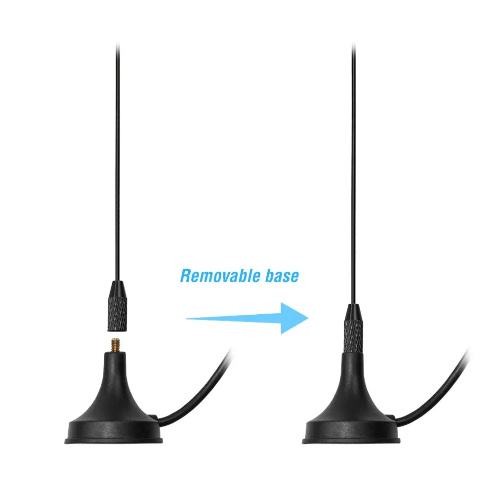 Dual-band antenna whip shown detaching from its removable magnetic base