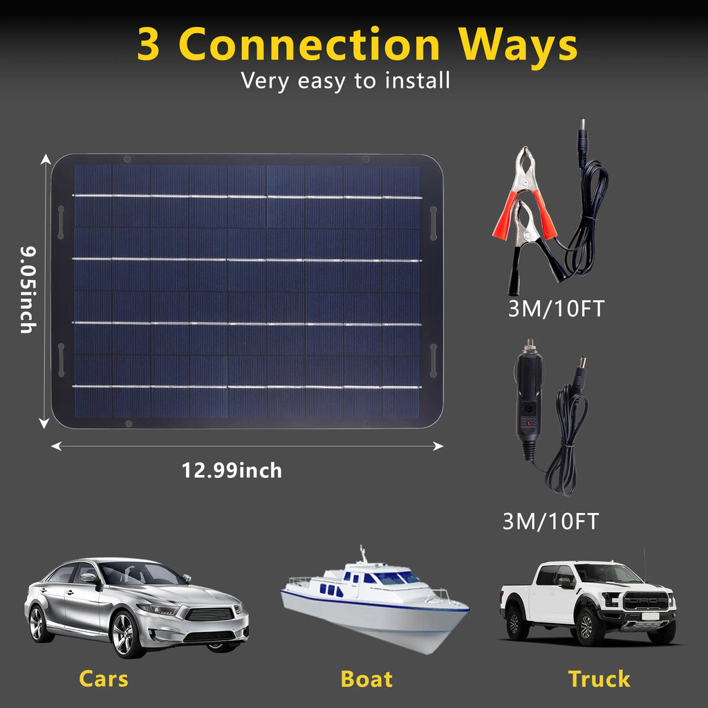Solar battery maintainer panel measuring 12.99 x 9.05 inches with clip and lighter plug cables for cars, boats and utes