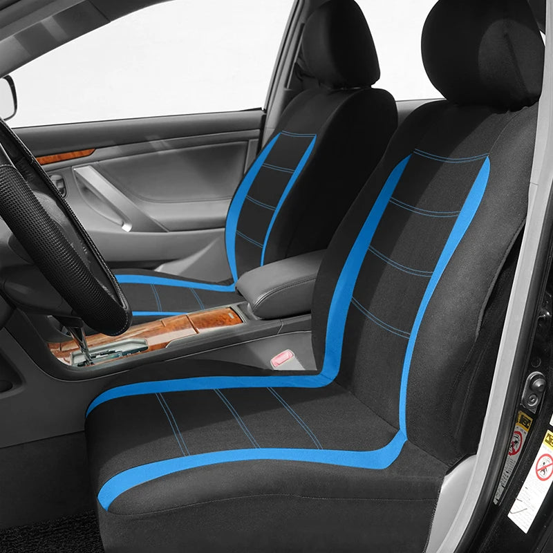 Universal Car Seat Covers in blue and black fitted to a car's front seats, side angle view