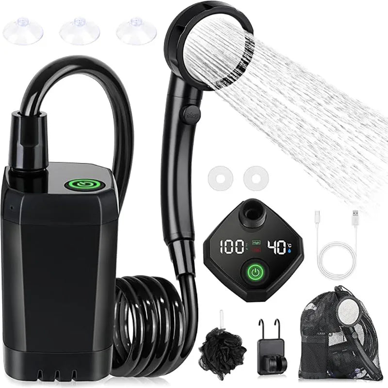 Digital Display Camp Shower in black with pump, coiled hose, shower head, mounting hooks, sponge, USB cable and mesh storage bag