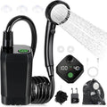 Digital Display Camp Shower in black with pump, coiled hose, shower head, mounting hooks, sponge, USB cable and mesh storage bag