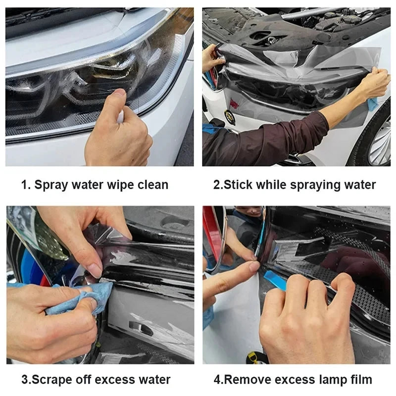 Four-step installation guide for the headlight PPF wrap film: spray and wipe clean, stick while spraying water, scrape off excess water, and remove excess lamp film.