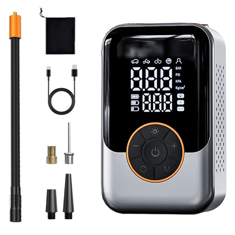Compact Cordless Tyre Inflator with digital display alongside air hose, USB-C charging cable, valve adaptors and storage pouch