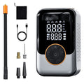 Compact Cordless Tyre Inflator with digital display alongside air hose, USB-C charging cable, valve adaptors and storage pouch