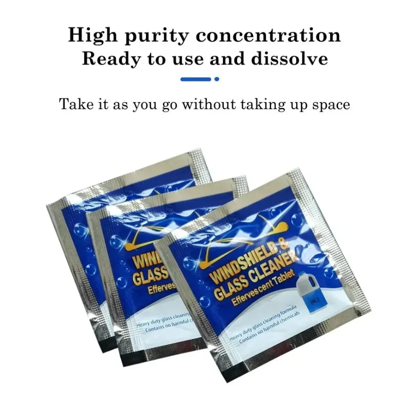 Three foil sachets of Windscreen Washer Fluid Tablets & Concentrated Glass Cleaner arranged on a white background