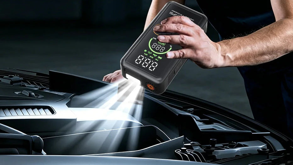 Person using an emergency LED light with 800 lumen output, highlighting its features.