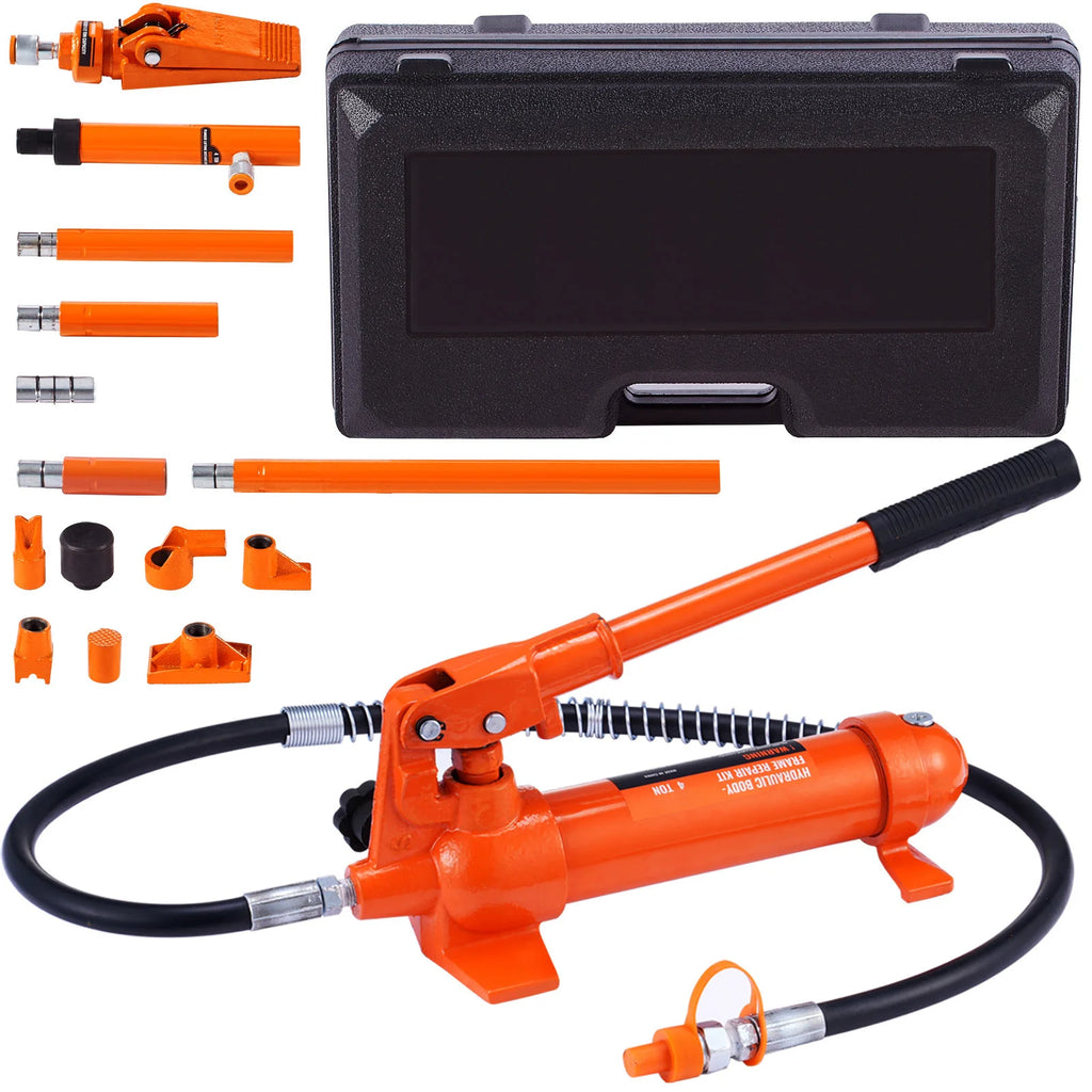 Hydraulic Porta Power Kit fully unboxed showing the hydraulic ram, hand pump, hose and attachment heads in a carry case