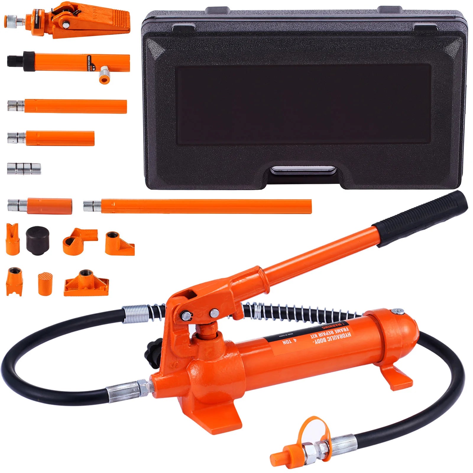 Hydraulic Porta Power Kit fully unboxed showing the hydraulic ram, hand pump, hose and attachment heads in a carry case