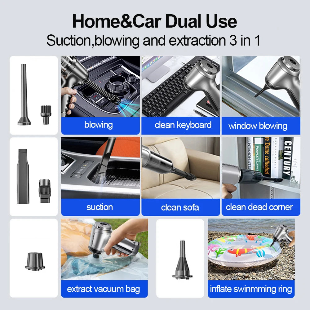 Multifunctional vacuum cleaner with various uses including blowing, cleaning, and extracting.