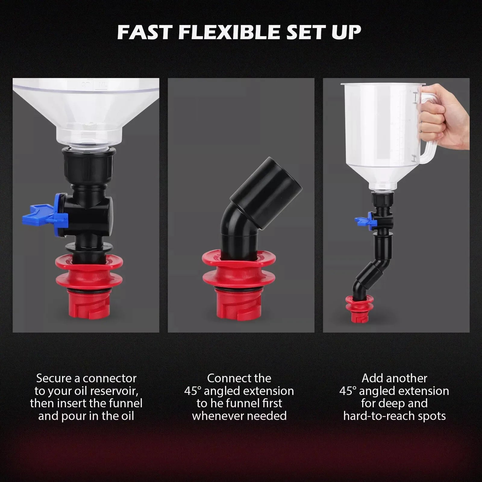 Fast flexible set up guide showing how to attach the funnel, valve and angled extension pieces