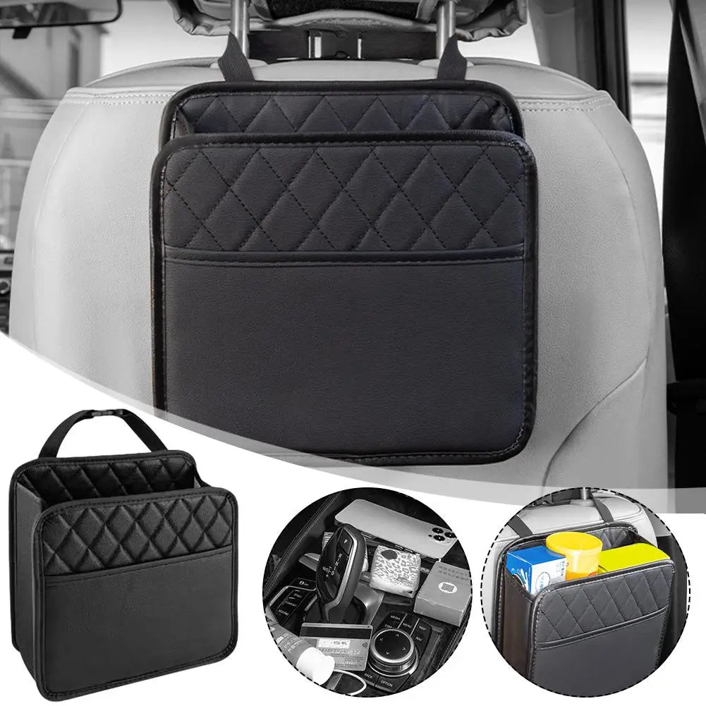 Car seat back organiser installed on headrest with zoomed detail views of pockets