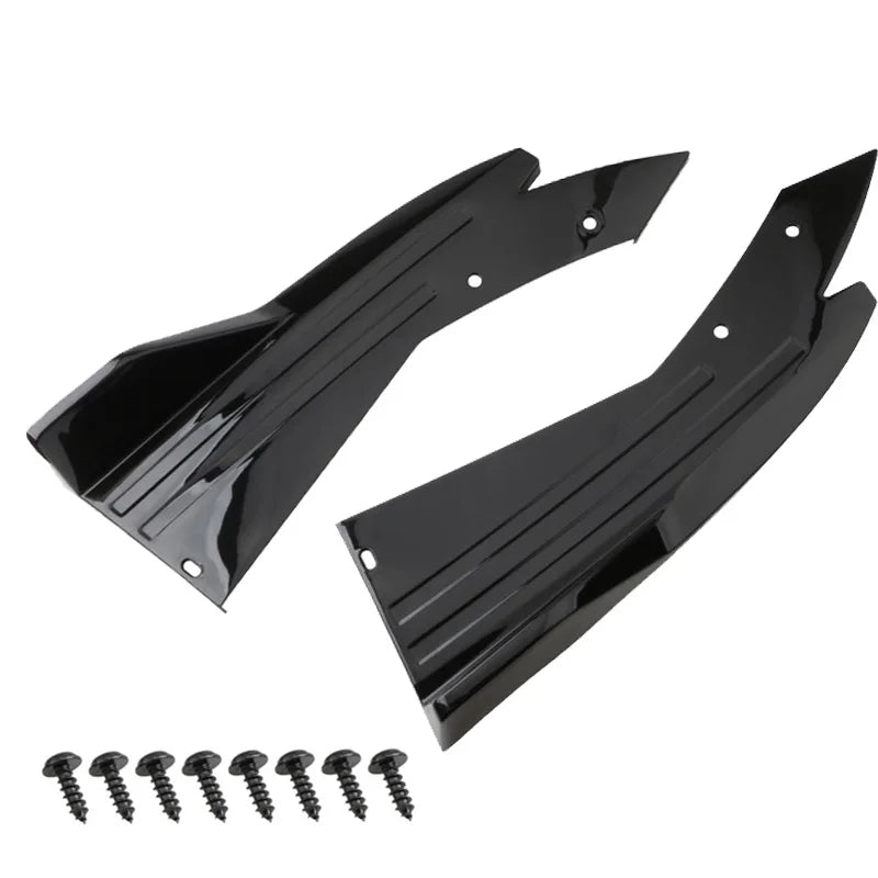 Pair of gloss black rear bumper corner guards displayed on a white background with mounting screws included