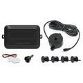 Reverse Parking Sensor Kit components including control box, alarm buzzer, mounting screw and four ultrasonic sensors on a white background