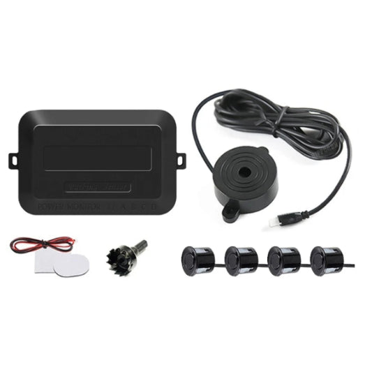 Reverse Parking Sensor Kit components including control box, alarm buzzer, mounting screw and four ultrasonic sensors on a white background