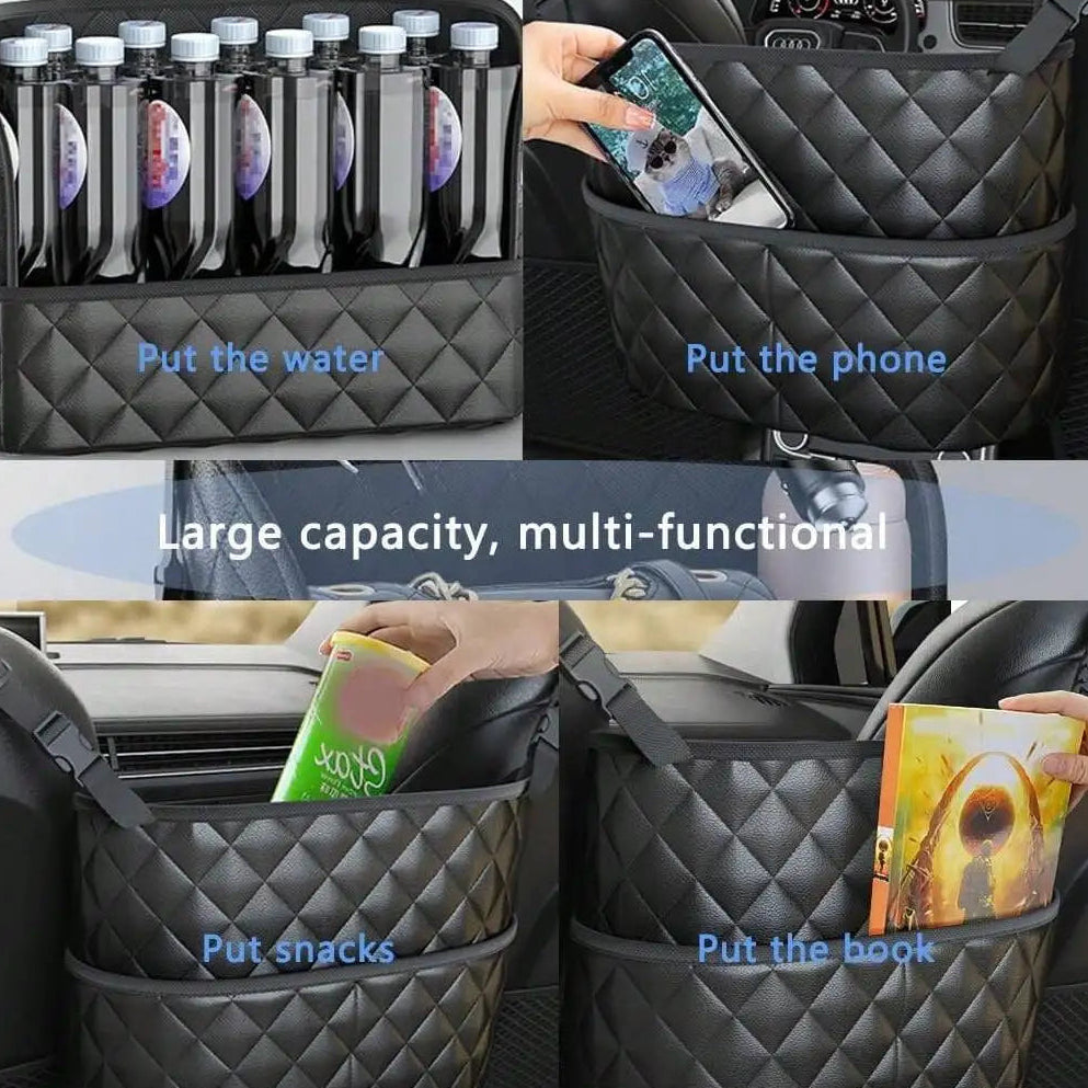 Four-panel infographic showing a water bottle, phone, snacks and book stored in the car seat organiser