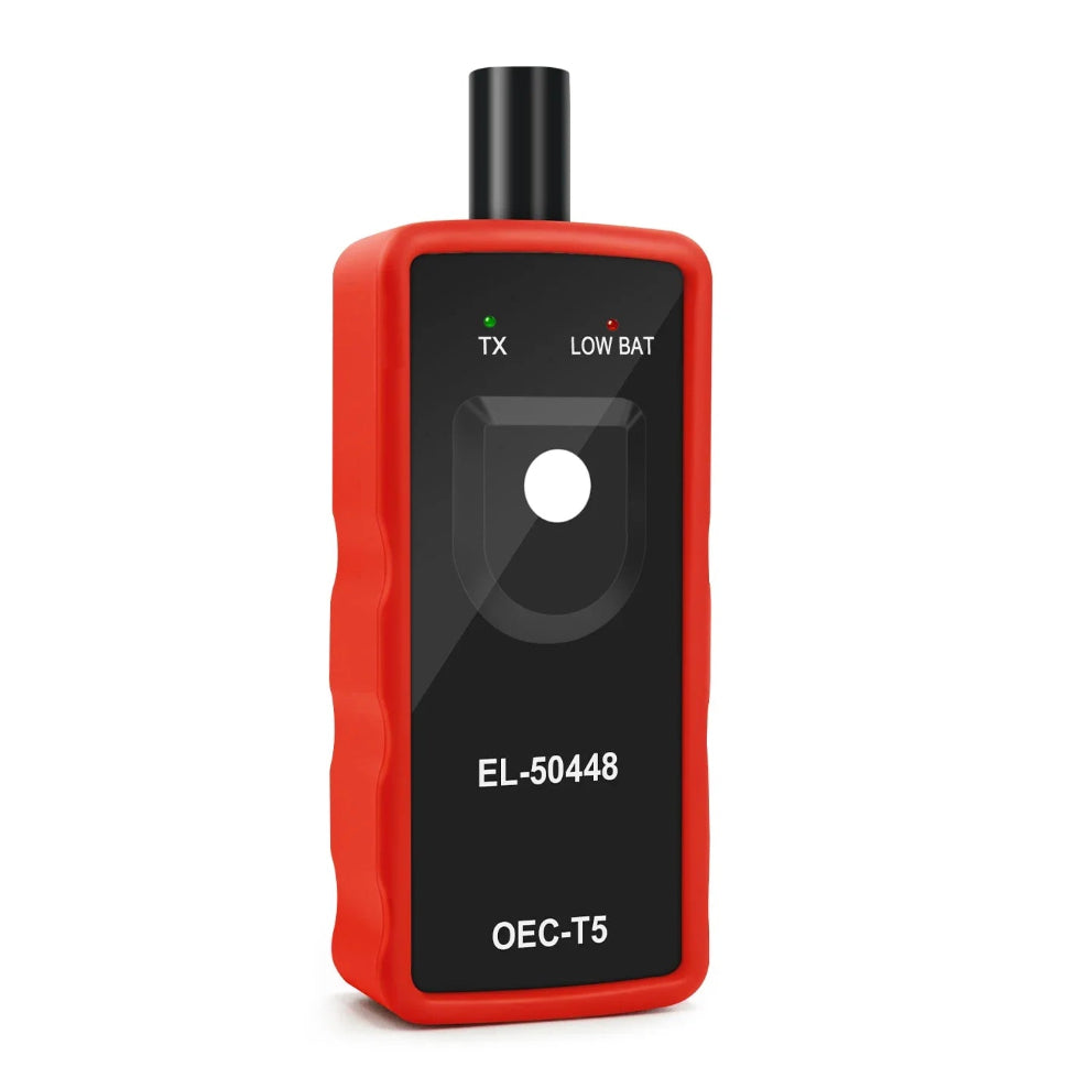 Red GM TPMS relearn tool EL-50448 with TX and low battery indicators on a white background
