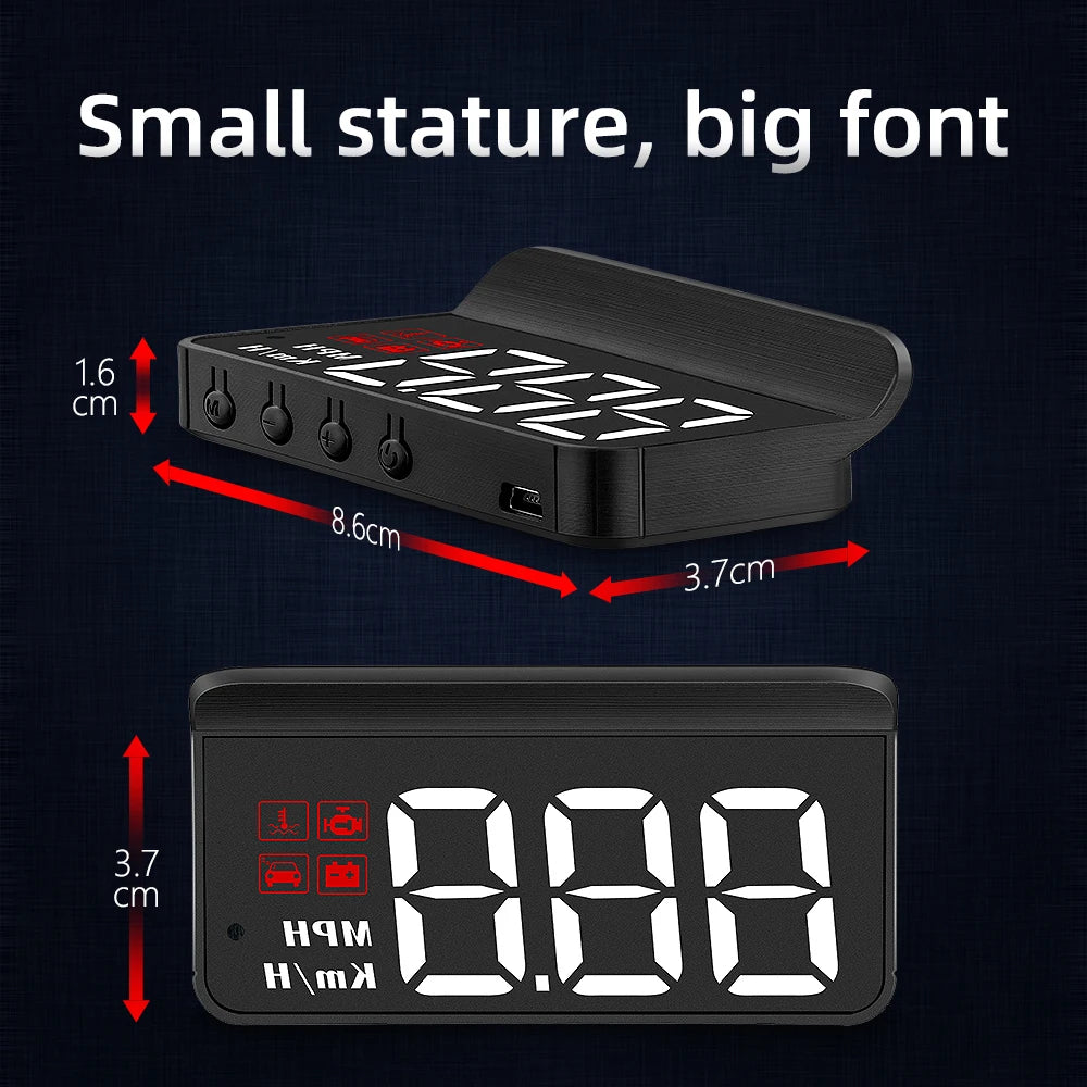 Compact OBD2 Head-Up Display dimensions diagram showing 8.6 cm length, 3.7 cm depth and 1.6 cm height