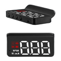 Compact OBD2 Head-Up Display shown from side and front with four control buttons and white digital speed readout on white background