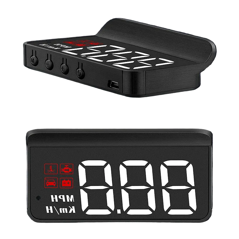 Compact OBD2 Head-Up Display shown from side and front with four control buttons and white digital speed readout on white background