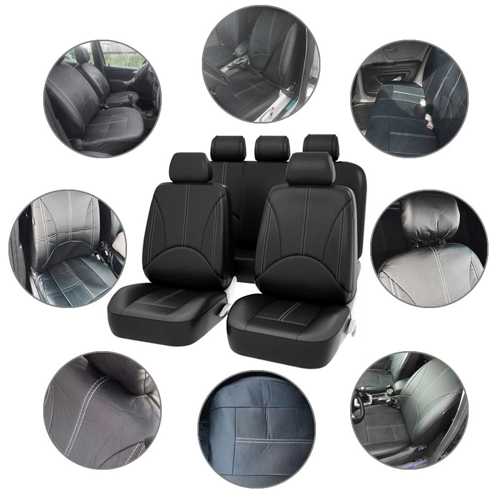 Nine-photo collage of Universal Seat Cover Set showing black leather seat covers installed across different car models and angles